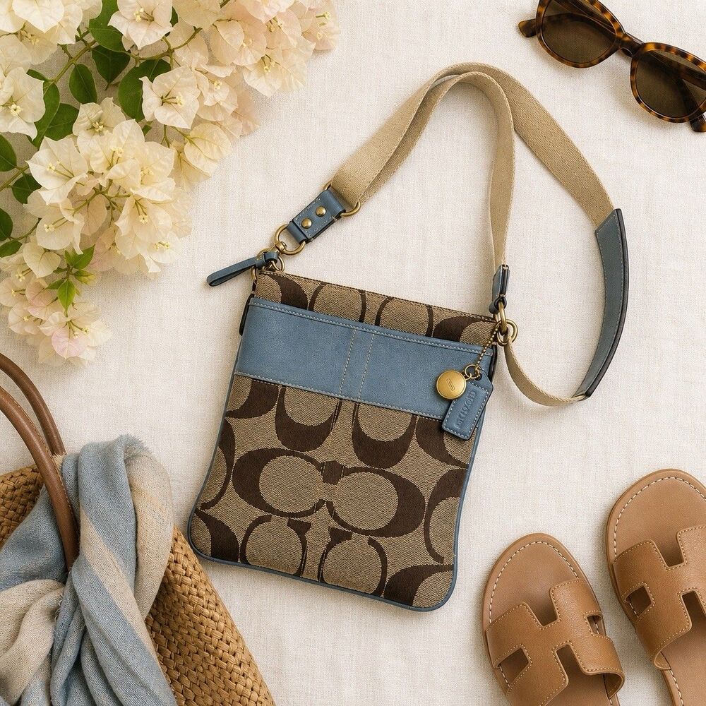 Coach Signature C Canvas Crossbody Bag Brown Blue Trim Y2K Shoulder Purse